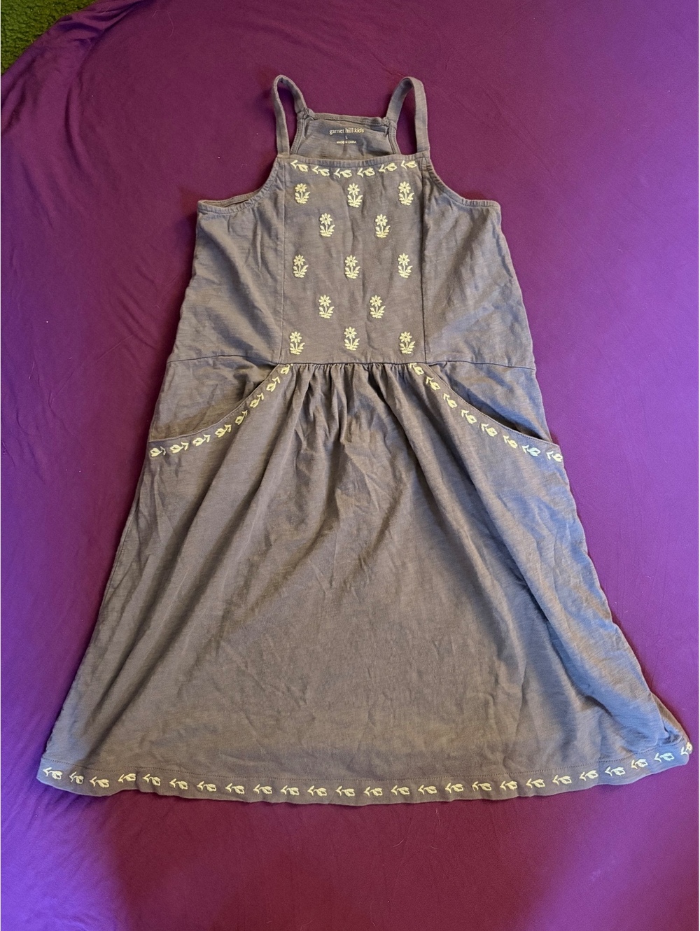 Garnet Hill Girls Organic GrayBlue embroidered sleeveless dress - L 10/12